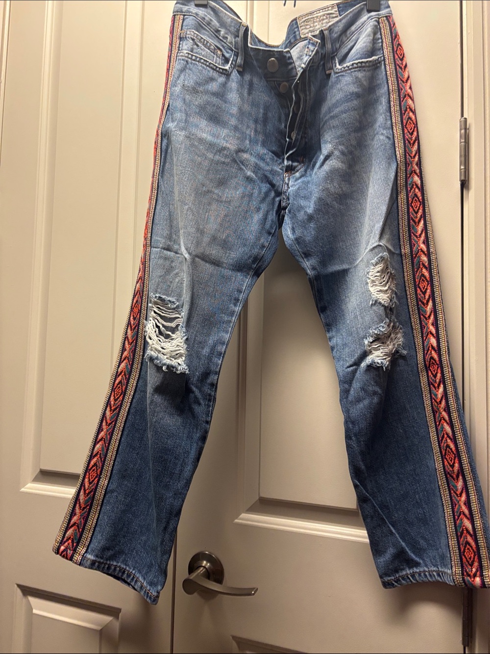 Siwy Blue Distressed Boyfriend Jeans with Patterned Side Stripes